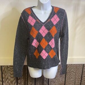Chic V-Neck Argyle Sweater - Gray, Pink, and Orange